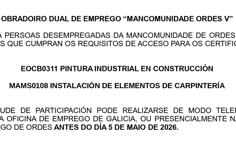 Convocado o obradoiro dual de emprego "Mancomunidade de Ordes V"