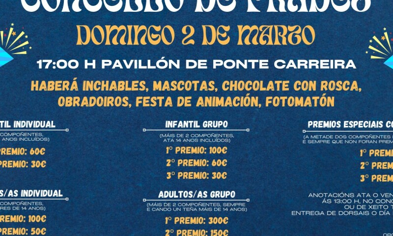 O Concello de Frades abre inscricións no concurso de disfraces de Entroido, que repartirá 1.200 euros en premios o domingo 2 de marzo 