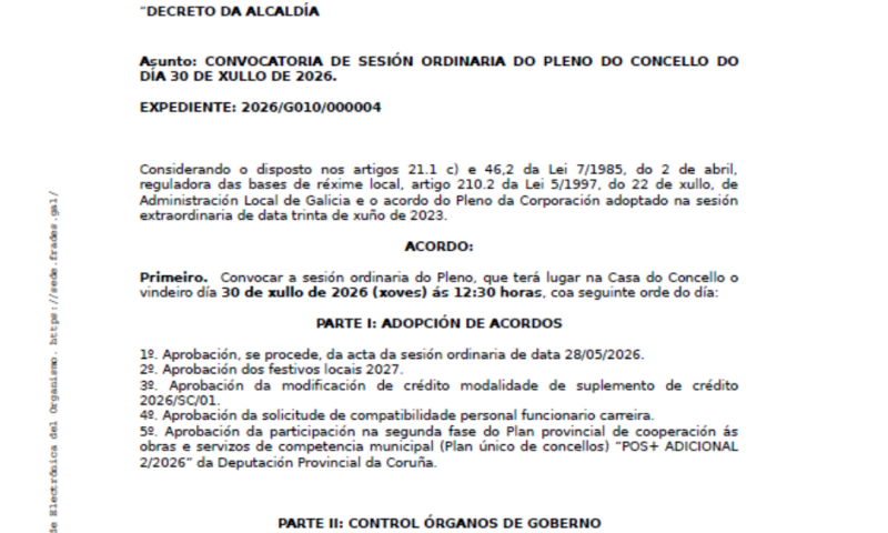 Anuncio Pleno do día 30 de xullo