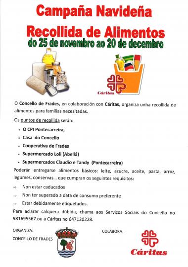 O Concello de Frades e Cáritas organizan a sexta campaña de Nadal para a recollida de alimentos para familias necesitadas