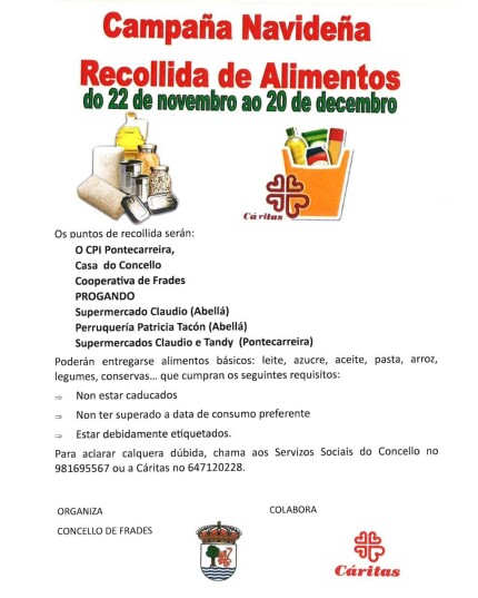 O Concello pon en marcha dúas campañas solidarias en favor dos damnificados de Valencia e de recollida de alimentos de Nadal para familias necesitadas