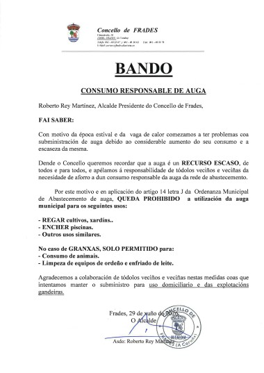 O Concello de Frades prohibe o uso da auga municipal para encher piscinas e regar xardíns